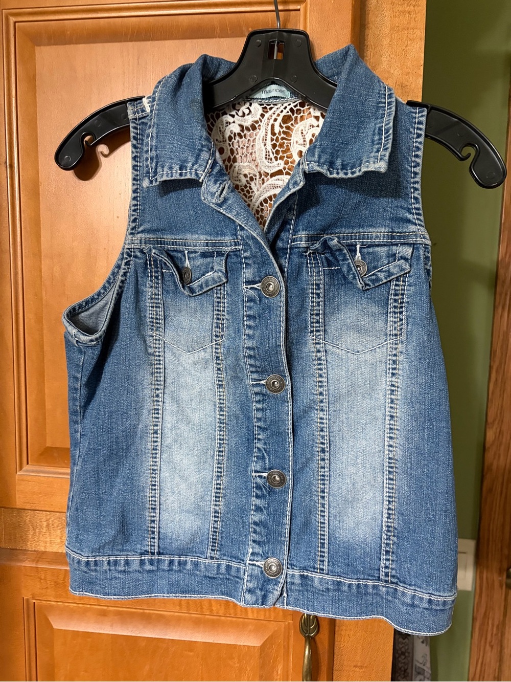 Maurices Blue Denim Button-Front Vest with White Lace Back